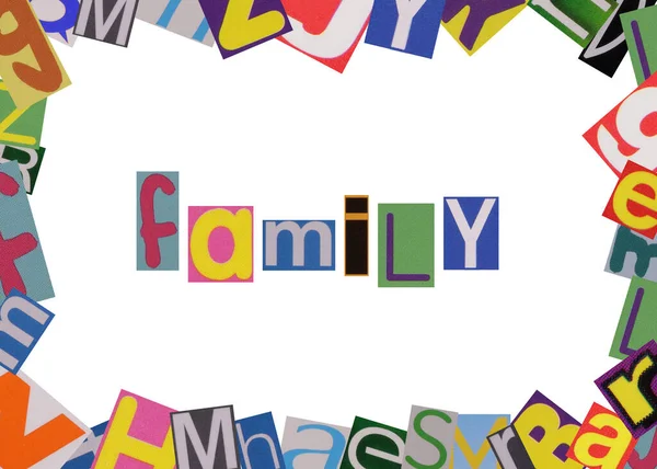 word family from cut magazine newspaper colored letters