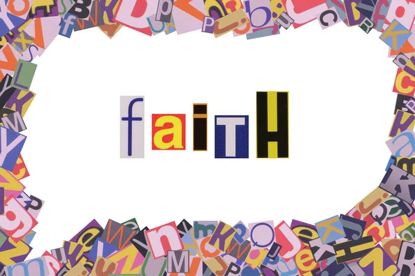 word faith from cut newspaper letters into a speech bubble from magazine letters
