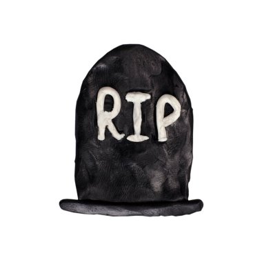 Mezarlıktaki yazıtların yazılı olduğu plasticine mezar taşı beyaza izole edilmiş, ölüm konsepti, son teslim tarihi, aldatmaca