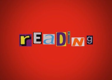 Kırmızı arka planda gazete ve dergi harfleriyle gazete kupürlerinden kolaj okumak