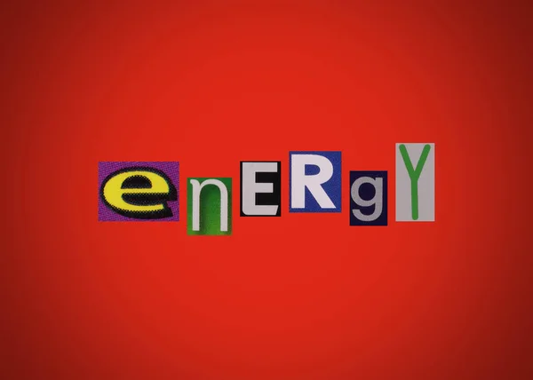 Energetické Slovo Koláž Výstřižků Novinami Časopisy Červeném Pozadí — Stock fotografie