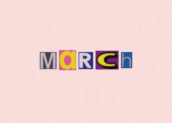 March Word Cut Out Magazine Colored Letters Light Background — Stock Photo, Image