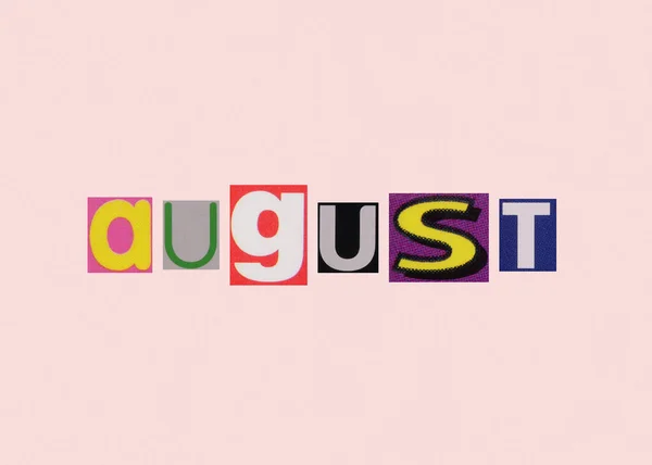 August Word Cut Out Magazine Colored Letters Light Background — Stock Photo, Image