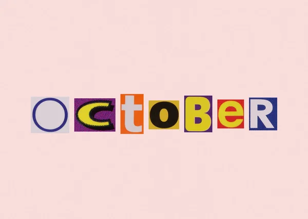 Oktober Wort Aus Ausgeschnittenem Magazin Farbige Buchstaben — Stockfoto
