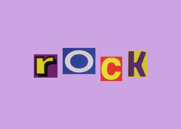 Rock Palavra Revista Cortada Letras Coloridas — Fotografia de Stock