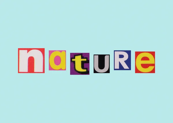Nature Word Cut Out Magazine Colored Letters — Stock Photo, Image