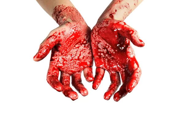 Blutige Hände Auf Weißem Grund Begriff Mord Gewalt Halloween Wahnsinn — Stockfoto