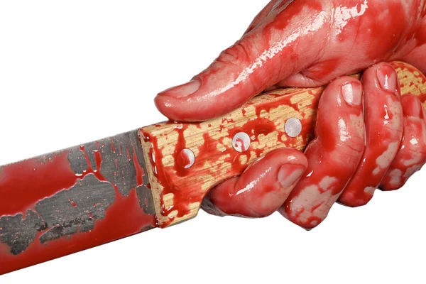 Krvavý Nůž Ruce Detailní Záběr Izolované Bílém — Stock fotografie