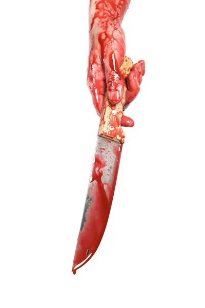 Cuchillo Ensangrentado Mano Aislado Blanco Concepto Violencia Asesinato — Foto de Stock
