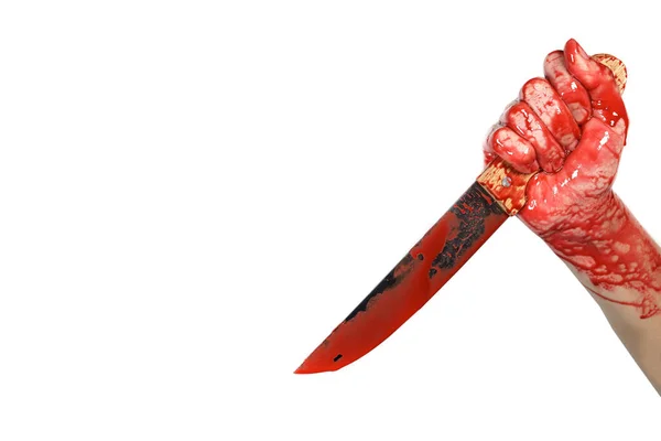 Blodig Kniv Handen Isolerad Vitt Begreppet Våld Mord — Stockfoto