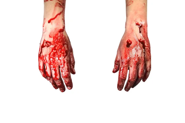 Кровавые Руки Изолированы Белом Понятие Убийства Насилия Хэллоуин Маньяк — стоковое фото