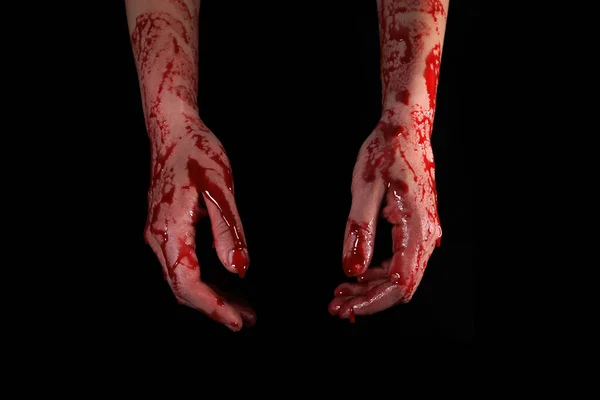 Blutige Hände Auf Schwarzem Hintergrund Das Konzept Der Selbstverteidigung Mord — Stockfoto