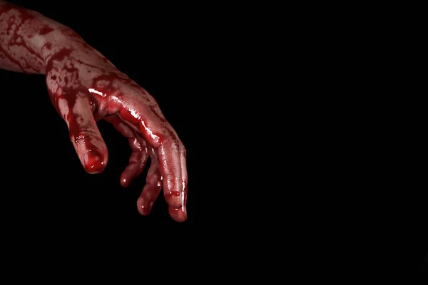 Blodig Hand Svart Bakgrund Begreppet Självförsvar Mord Mardrömmar Halloween Kopieringsutrymme — Stockfoto