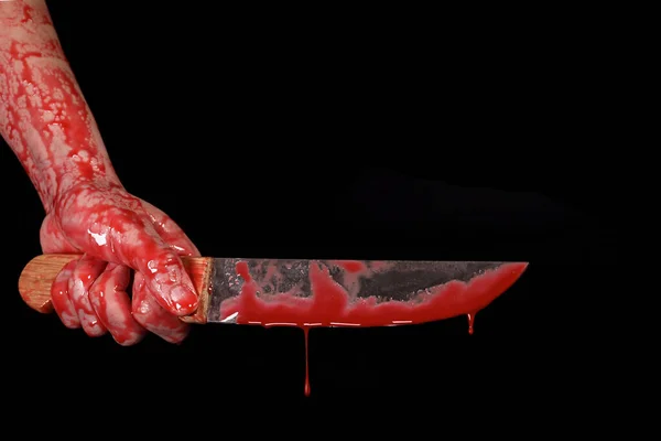 Cuchillo Ensangrentado Mano Sobre Fondo Negro Concepto Violencia Doméstica Asesinato — Foto de Stock