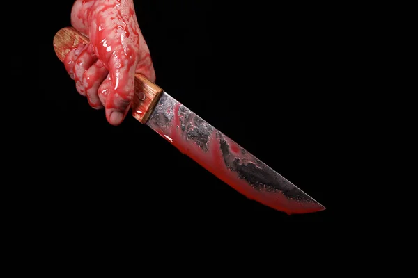 Blutiges Messer Der Hand Auf Schwarzem Hintergrund Das Konzept Häuslicher — Stockfoto