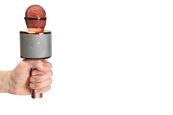 Іграшковий Мікрофон Караоке Руці Ізольовано Білому Тлі — стокове фото