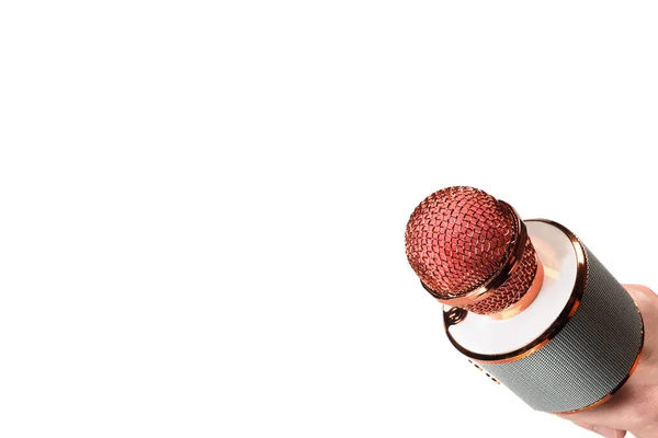 Іграшковий Мікрофон Караоке Руці Ізольовано Білому Тлі Копіювання Простору Тексту — стокове фото
