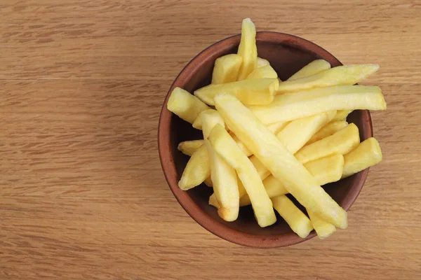 Patates Kızartması Ahşap Arka Planda Kızarmış Patates Metin Için Boşluk — Stok fotoğraf