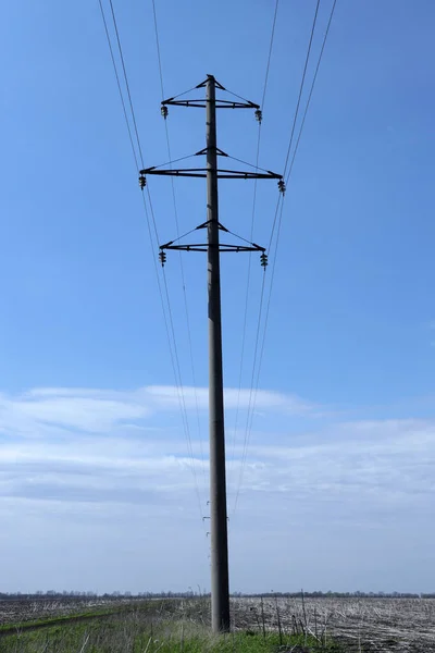 High voltage power line against the blue sky. Vertical Orientation