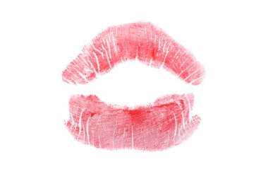 Güzel kırmızı dudaklar öpücük izi beyaza izole edilmiş.