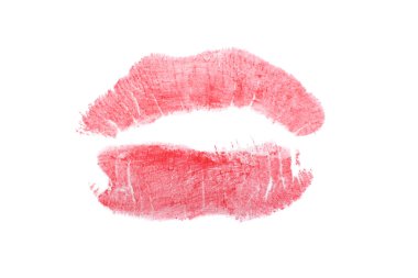 Güzel kırmızı dudaklar öpücük izi beyaza izole edilmiş.