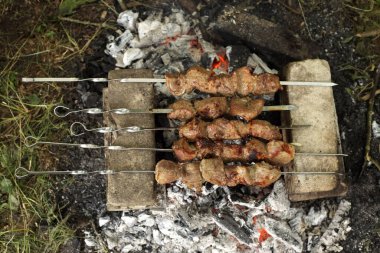 Ormanda şiş şiş bir piknikte ateşte ızgara et.