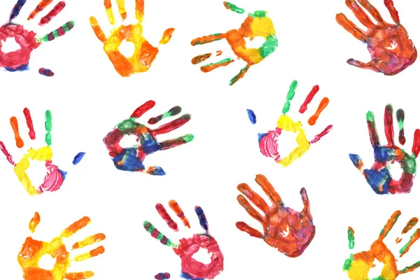 Fundo Impressões Coloridas Das Mãos Das Crianças — Fotografia de Stock