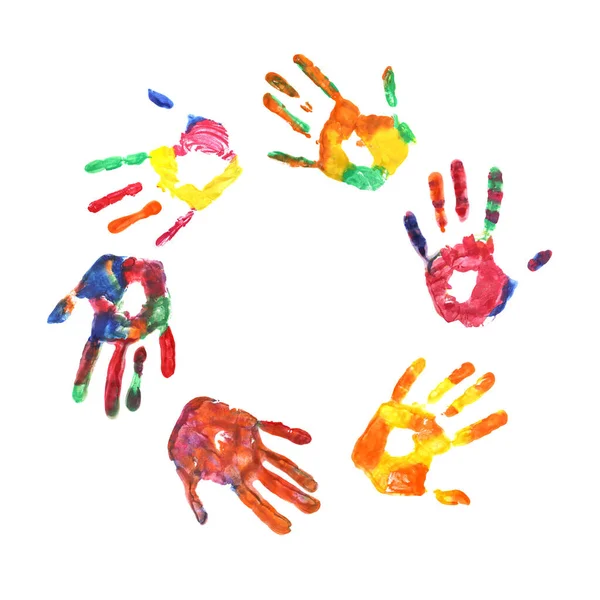 Impressões Mãos Crianças Coloridas Dispostas Círculo Conceito Suporte Proteção Crianças — Fotografia de Stock