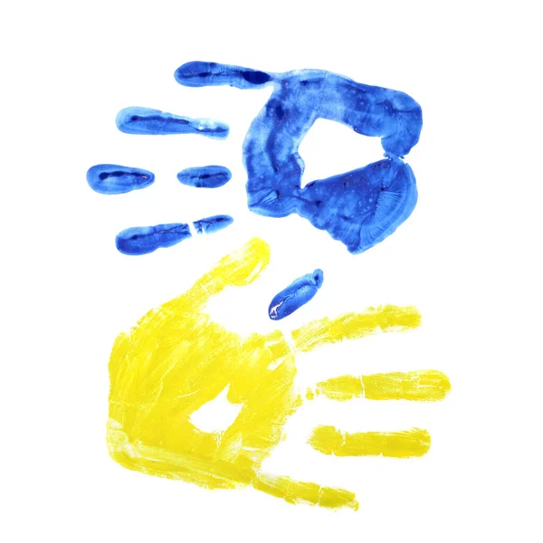 白に隔離された黄色と青でウクライナの旗の色で手版画 — ストック写真