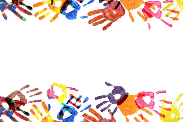 Рамка Сделана Отпечатков Рук Цветных Детей Изолированных Белом Пространство Копирования — стоковое фото