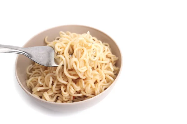 stock image Cooked instant vermicelli in bowl and fork isolated on white