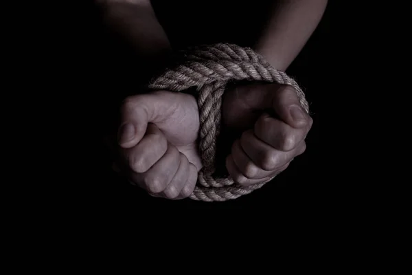 Woman Hands Tied Rope Black Background Concept Domestic Violence Victim — Stock Photo, Image