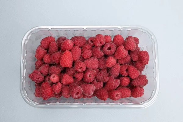 Raspberries Plastic Container Supermarket Market Concept — Stock Photo, Image