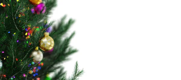 3Dレンダリングコピースパクトと白の背景に光沢と輝きとカラフルな光とクリスマスツリー上の現実的なクリスマスボール デザイン要素 — ストック写真