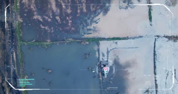 Drone Hud Cabeza Arriba Pantalla Interfaz Gráfica Con Paisaje Escénico — Vídeo de stock