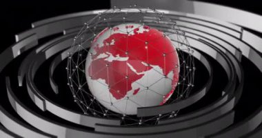 Dönen küreyi daire geometrisiyle üç boyutlu biçimlendiriyorum. Siber fütürist ve teknoloji konsepti için zarif ve modern 3D dünya. TV Yayın başlığı şablonu