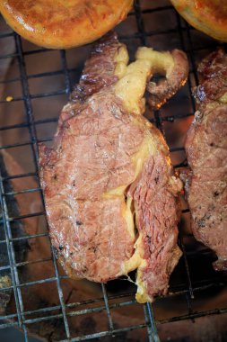 Bifteği şöminenin üstünde ızgarada kızartırken yakın çekim. Et mangalı pişiriyorum.