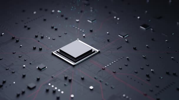 Cpuチップの3Dレンダリングアニメーションは メインボード電子プリント回路基板にインストールする着陸を設定します 技術と将来の概念のための中央処理ユニット マイクロプロセッサ — ストック動画
