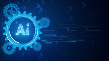 Yapay zeka siber ve fütüristik konsept. Bir grup dönen tekerlek dişlisiyle yapay zeka mesajı. koyu arkaplanda