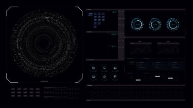 Oyun için HUD ve film için 16: 9 geniş ekran görünüm oranı, gelecekçi tasarım unsurları. UI, UX grafik çubuğu ve gösterge elemanları. Bilim kurgu tasarımı. FUI koleksiyonu. Askeri çarpışma görüşü. Vektör HUD seti.