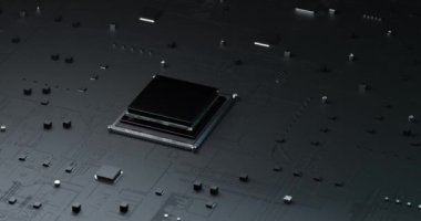 İşlemci çipinin 3 boyutlu canlandırması ana elektronik baskılı devre kartına yüklenmek üzere indirildi. Teknoloji ve gelecek konsepti için merkezi işlem birimi. Mikro işlemci