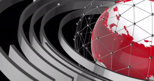 3Dレンダリング世界地図で回転する地球 光沢のあるクロム球とメッシュを持つ3D赤と白の地球 テレビ放送とニュース番組のタイトルテンプレート — ストック動画