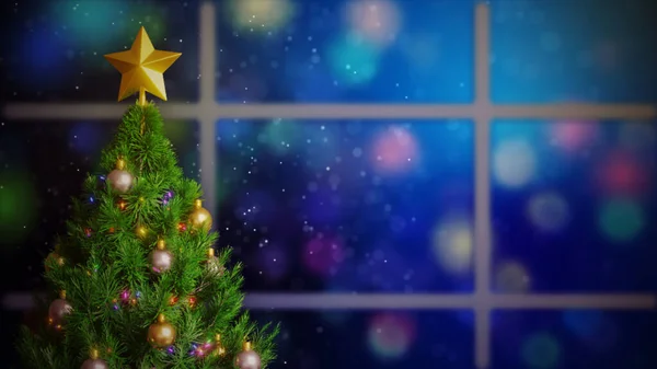 3Dレンダリングコピースペースと光沢と輝きとカラフルな光とクリスマスツリー上の現実的なクリスマスボール デザイン要素 — ストック写真