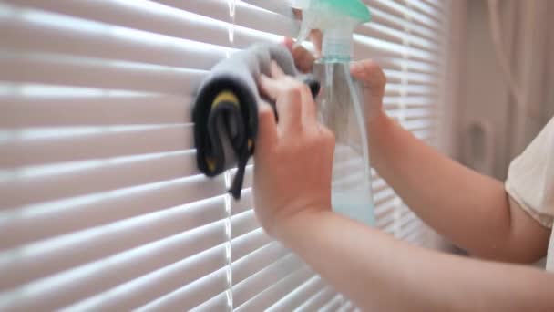 Close Shot Hand Woman Pomocą Tkaniny Sprayu Czyszczenia Zaślepionej Okna — Wideo stockowe