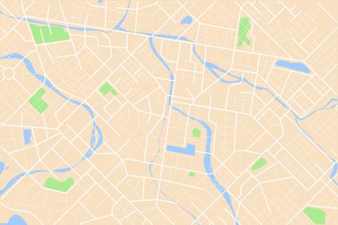 Boş bir harita şablonunun üst görünümü, sokak ve nehir ile gündüz şehir haritasının havadan temiz görünümü, boş şehir hayal gücü haritası, GPS haritası navigatör konsepti, vektör çizimi