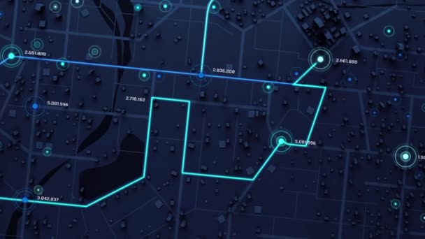 Rendering Navigasi Cityscapes Top View Map Dengan Rute Dan Tujuan — Stok Video