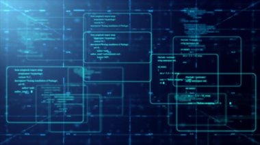 3B Hazırlama Kodu metin çerçevesi. Dijital alemde yüzen veri kod bloğu programlanıyor. Siber güvenlik ve gelecekçi konsept