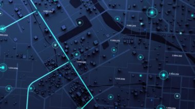 3D Rending Top view City haritası navigatör hattı ve hedef GPS Teknoloji ulaşımı, gelecekteki kullanıcı arayüzü, HUD Baş Görünümü. Teknoloji ve gelecekçi konsept