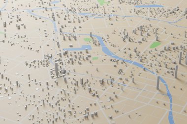 3D görüntüleme şehir haritası üç boyutlu modelleme kullanılarak oluşturulan bir şehir haritası. Şehir haritasının ana yolu ve alt yolu ile üst görünümü bir şehrin ayrıntılı temsilidir