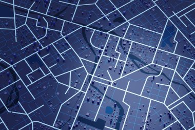 3D görüntüleme şehir haritası üç boyutlu modelleme kullanılarak oluşturulan bir şehir haritası. Şehir haritasının ana yolu ve alt yolu ile üst görünümü bir şehrin ayrıntılı temsilidir